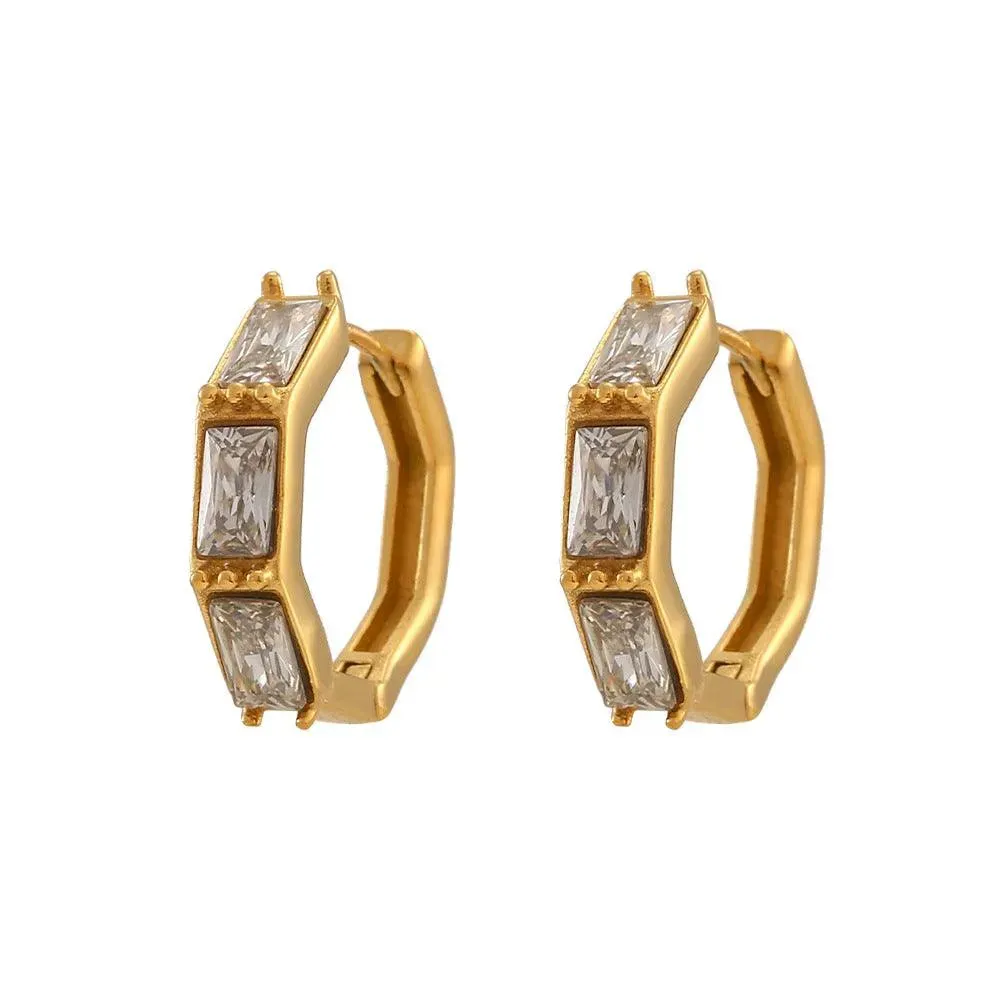 Gold Huggie Earrings with Cubic Zirconia - Geometric Women's Hoop Earrings