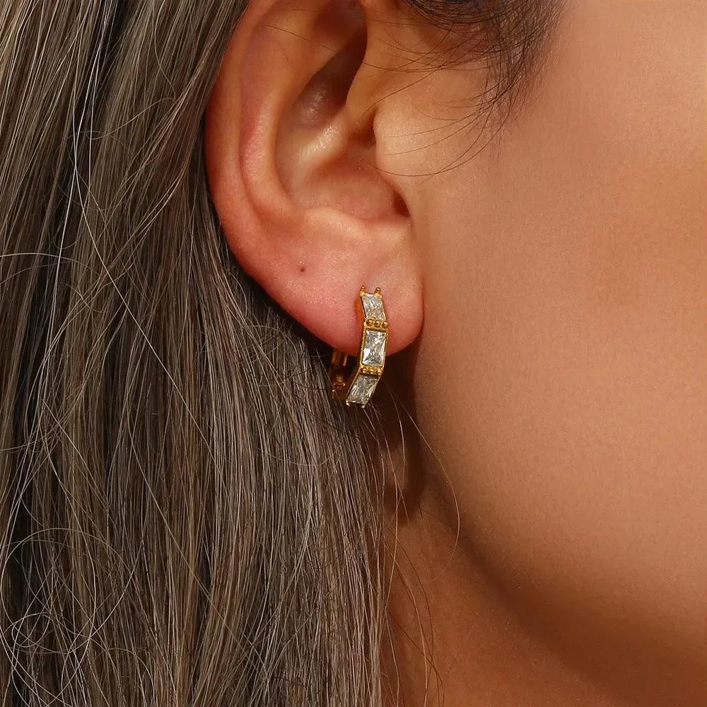 Gold Huggie Earrings with Cubic Zirconia - Geometric Women's Hoop Earrings