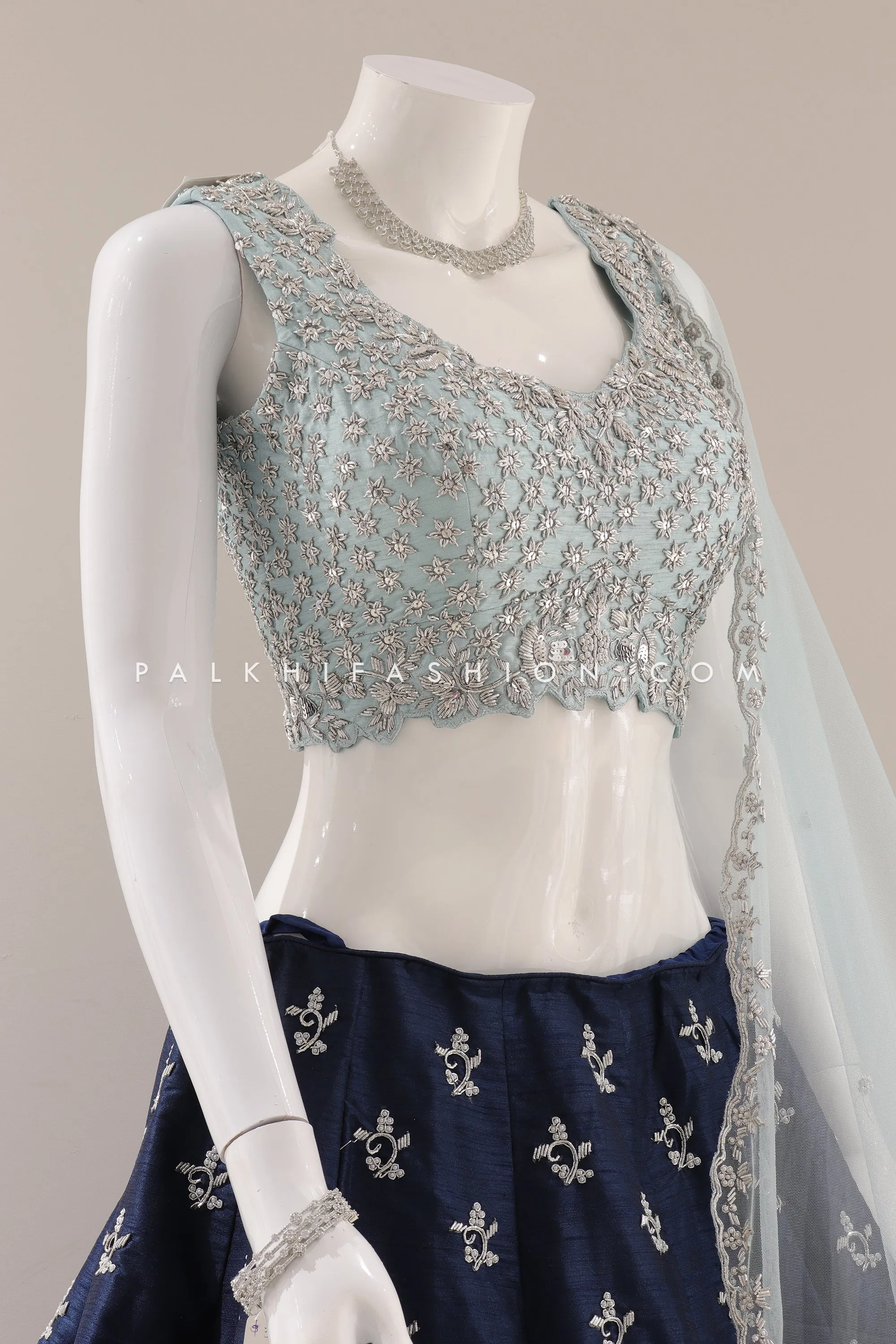 Handcrafted Elegance: Navy Blue Pure Silk Lehenga Choli