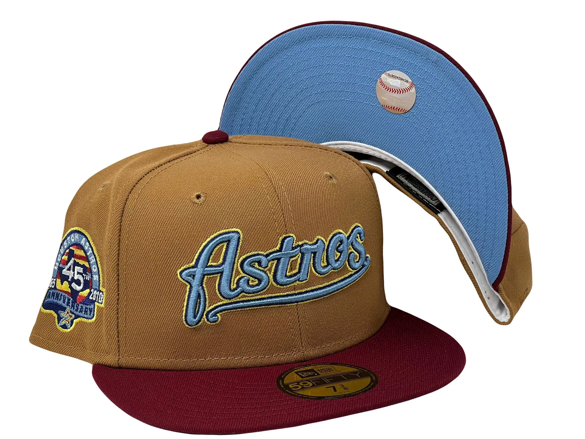 HOUSTON ASTROS 45TH ANNIVERSARY LIGHT BRONZE BURGUNDY VISOR SKY BLUE BRIM NEW ERA FITTED HAT