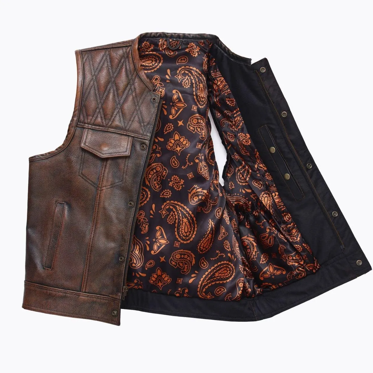 Mens leather vest with brown wax leather biker vest. Motorcycle leather vest Brown Quilted biker vest, Vintage leather premium class