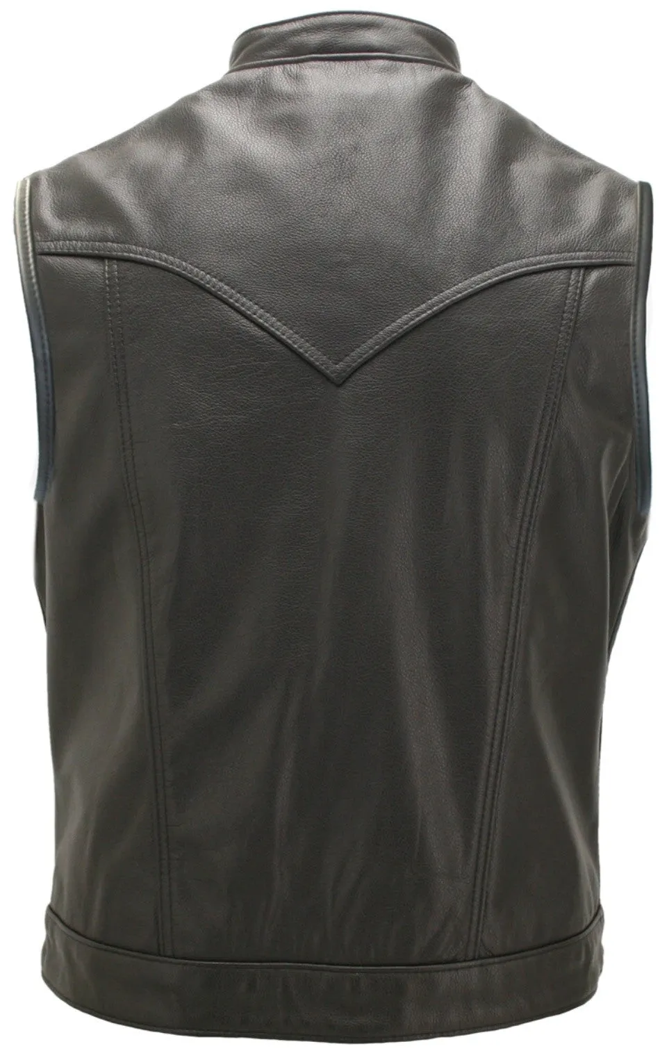 Mens Made in USA Black Leather SOA Style Stand Up Collar Motorcycle Vest Gun Pockets