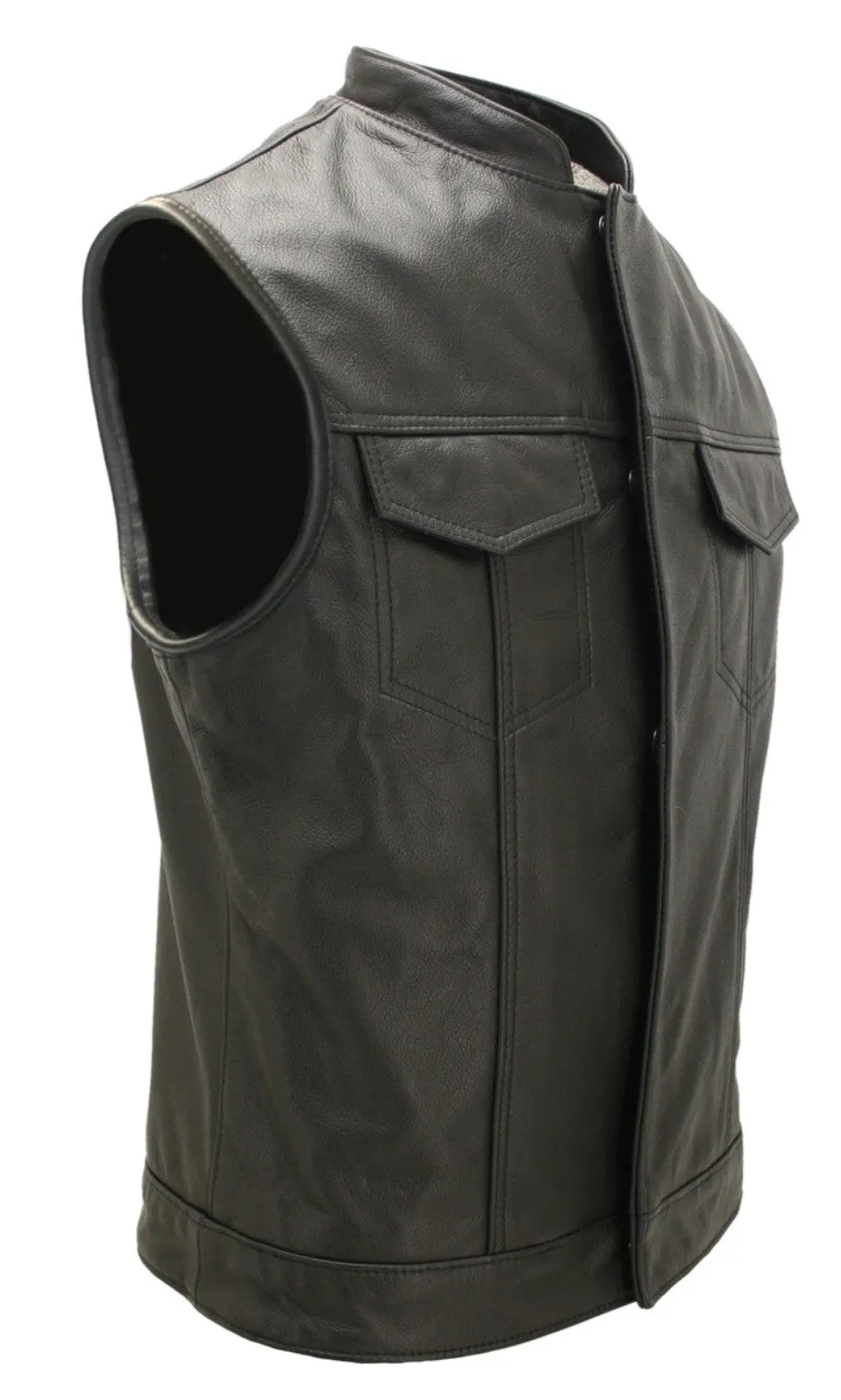Mens Made in USA Black Leather SOA Style Stand Up Collar Motorcycle Vest Gun Pockets