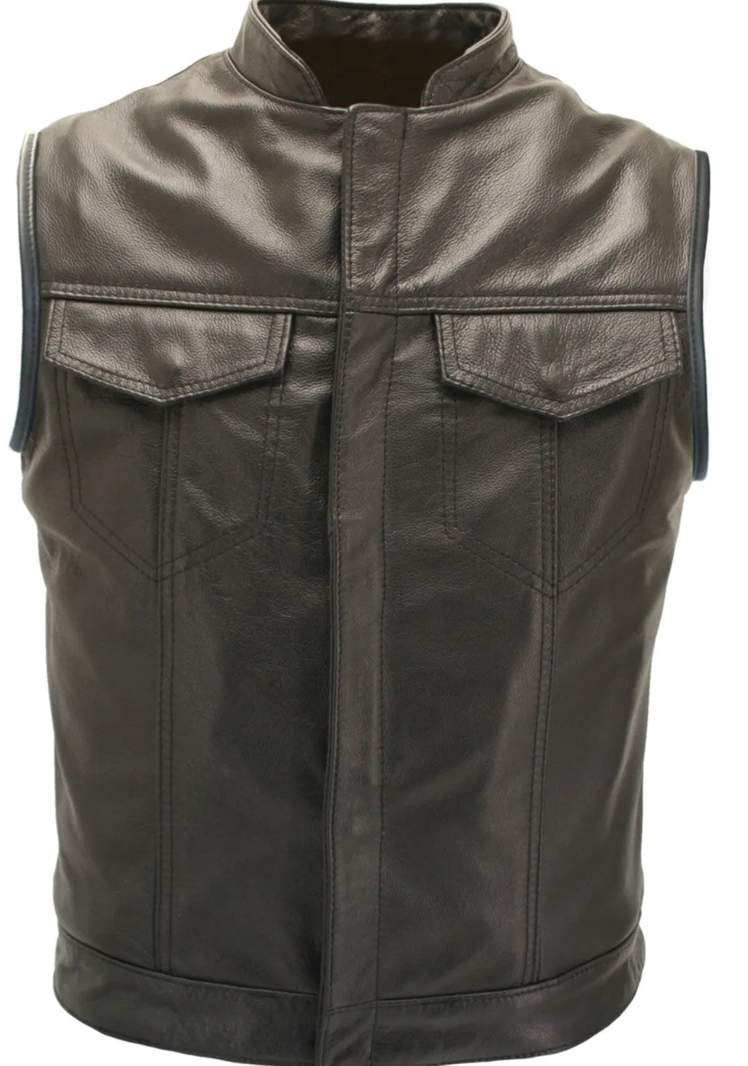 Mens Made in USA Black Leather SOA Style Stand Up Collar Motorcycle Vest Gun Pockets