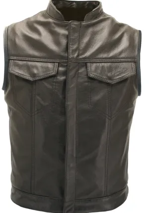 Mens Made in USA Black Leather SOA Style Stand Up Collar Motorcycle Vest Gun Pockets
