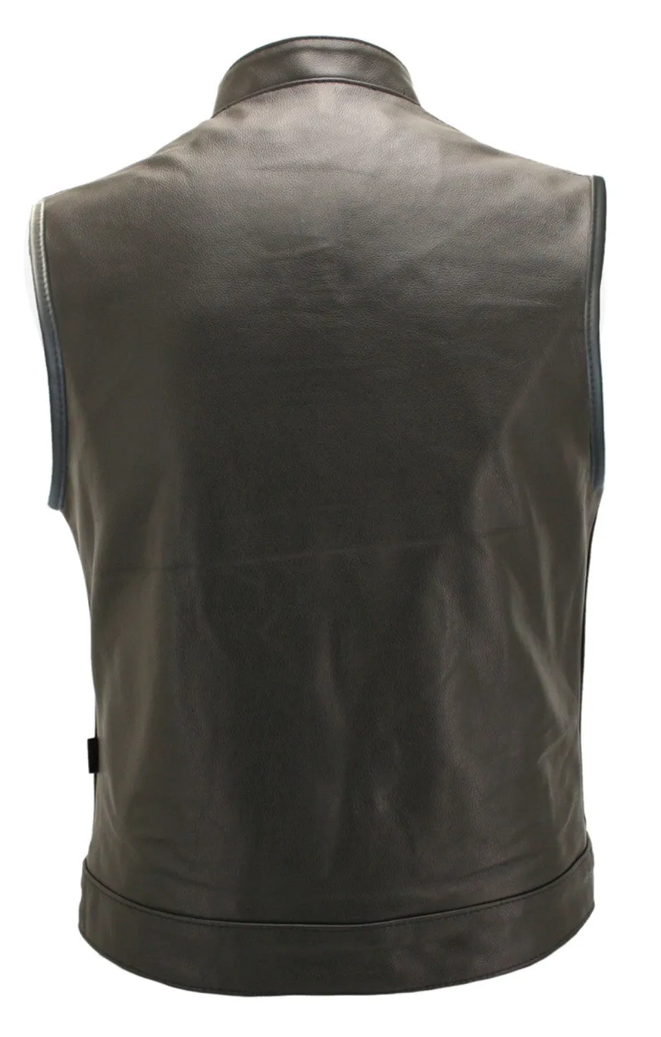 Mens Made in USA Black Leather SOA Style Stand Up Collar Motorcycle Vest Gun Pockets