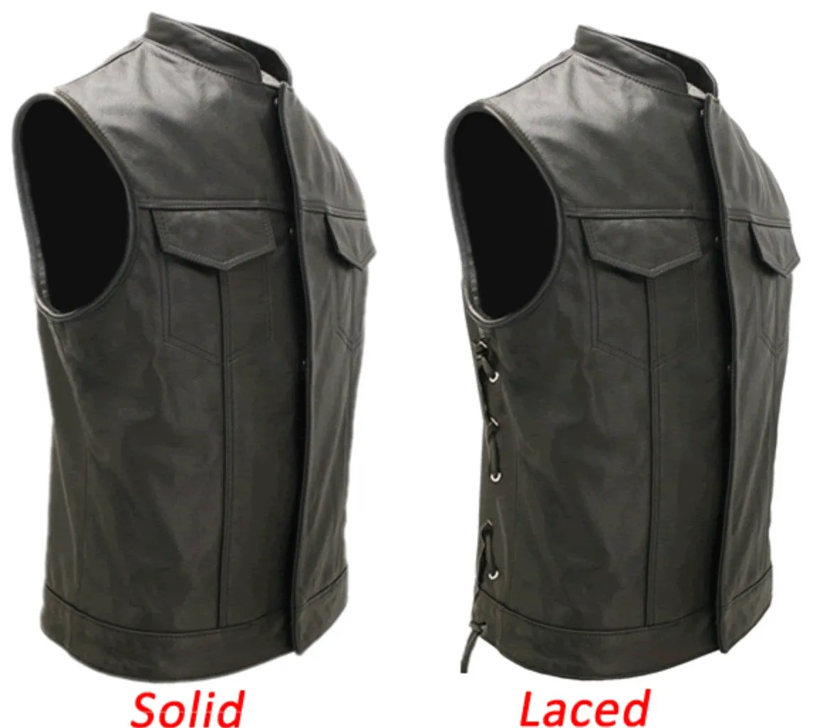 Mens Made in USA Black Leather SOA Style Stand Up Collar Motorcycle Vest Gun Pockets