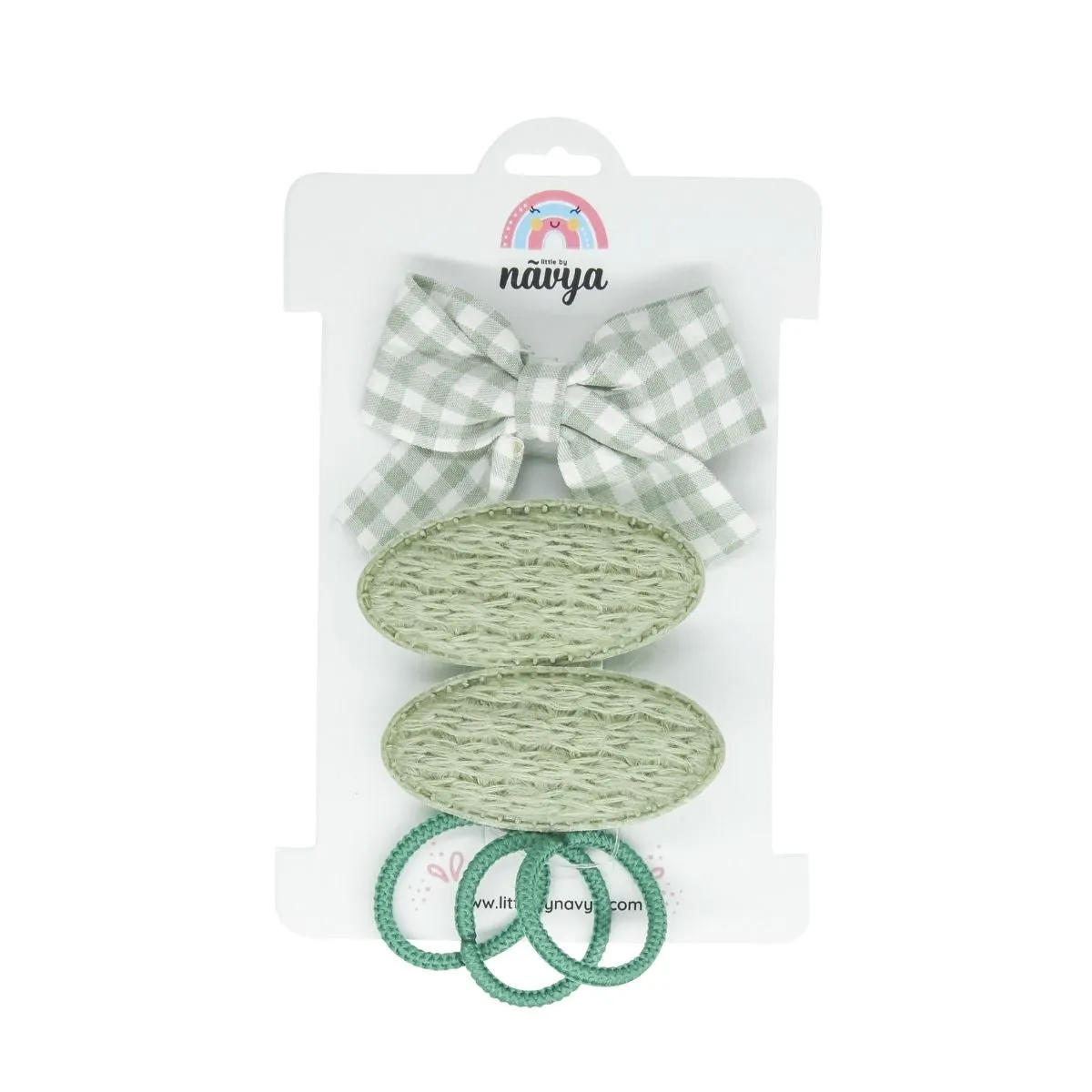 Olive You Set of bow barrette, Hair clips and Rubber bands- Olive  (3-9 Years)