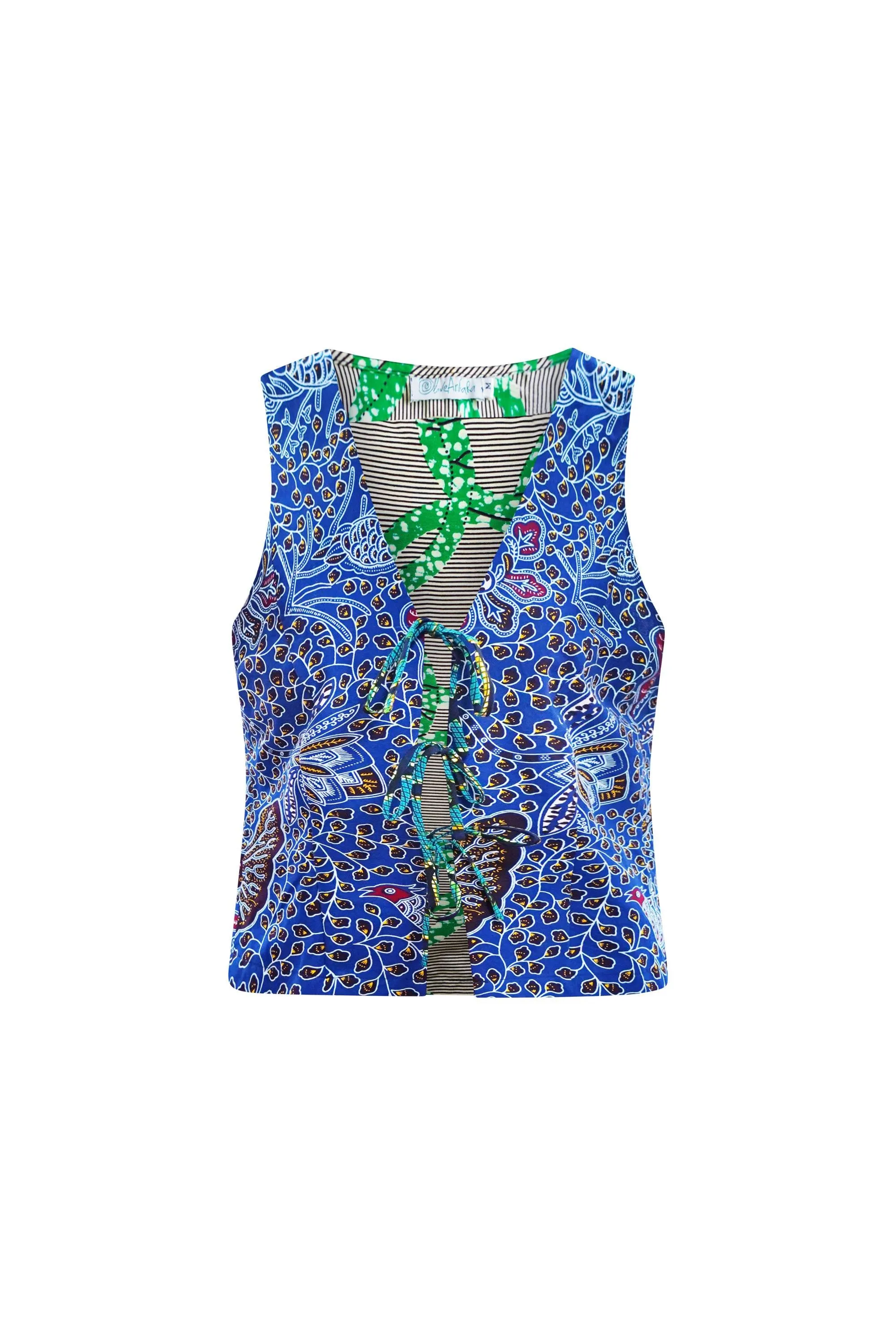 Oluchi Vest Blue / Green Mix & Match African Ankara Wax Cotton Print