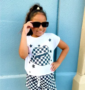 Paper Flower Kiss Lips With Checkered Tween Graphic Tee