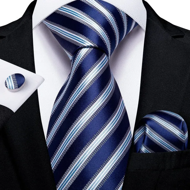 Premium Blue and White Tie, Pocket Square and Cufflinks