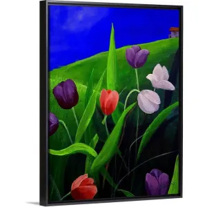 "Blue Sky Tulips" Black Float Frame Canvas Art