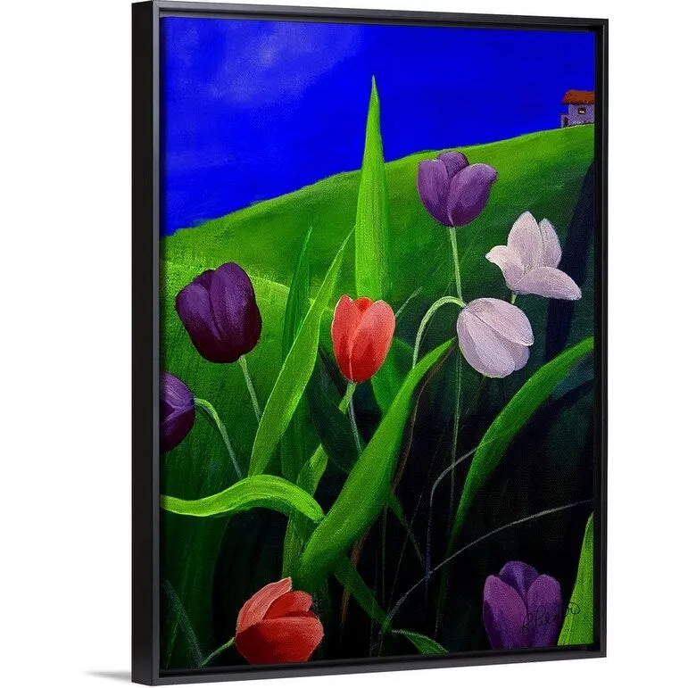 "Blue Sky Tulips" Black Float Frame Canvas Art