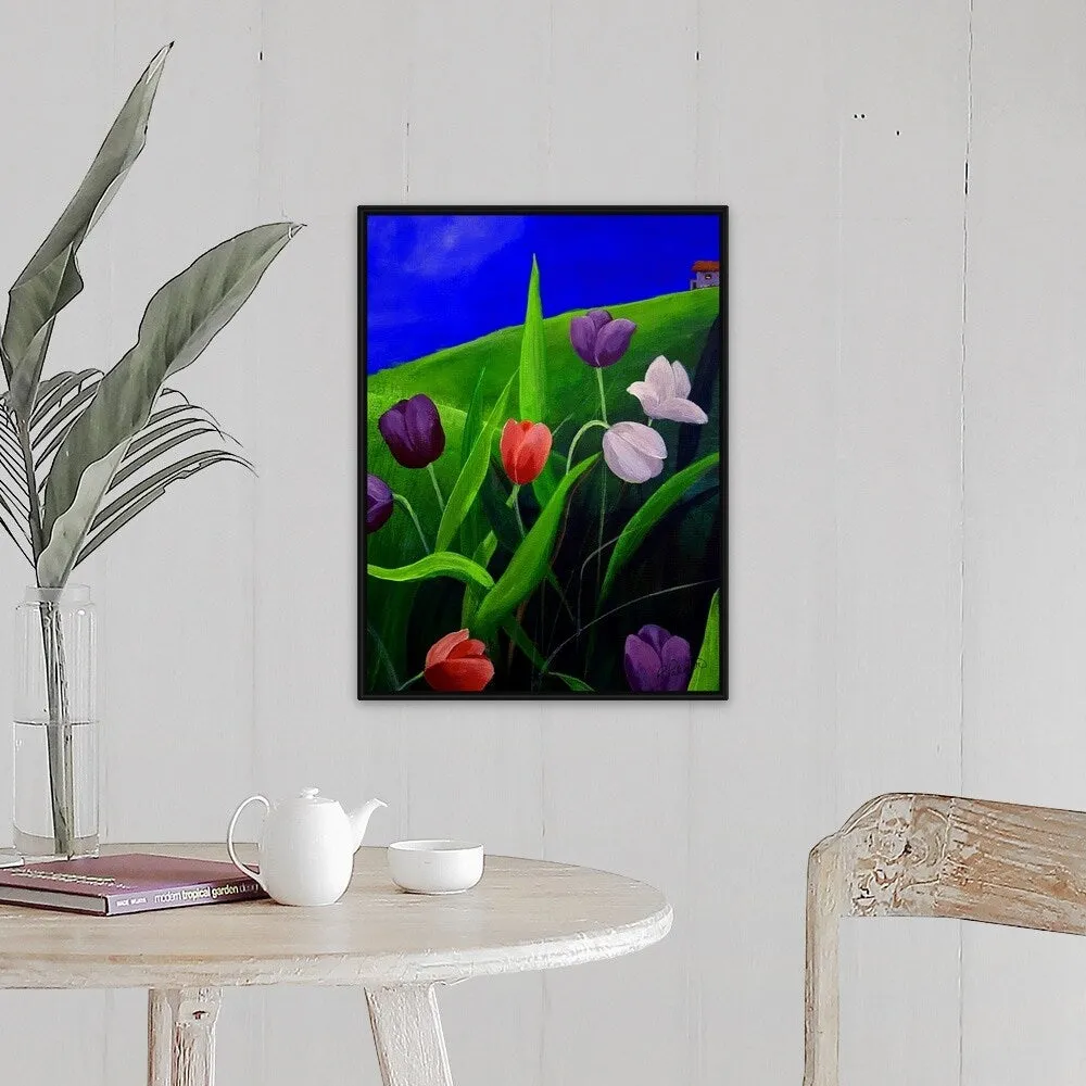 "Blue Sky Tulips" Black Float Frame Canvas Art
