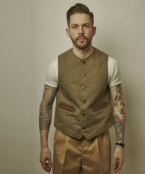 Ragtime Cotton Herringbone Civilian Deck Vest in Army Green