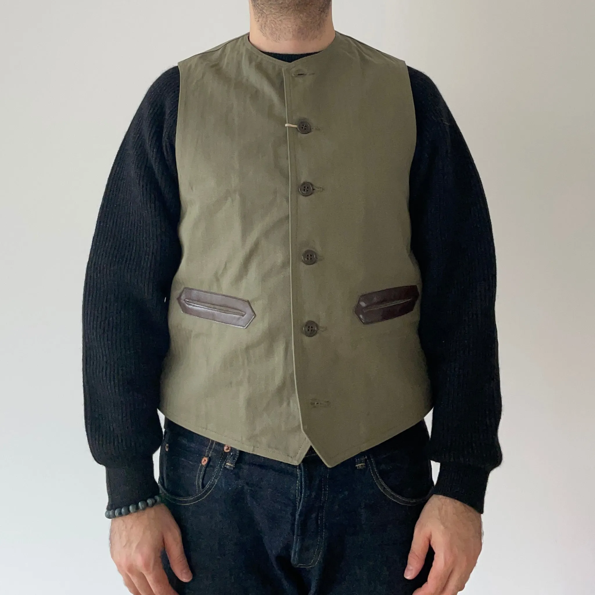 Ragtime Cotton Herringbone Civilian Deck Vest in Army Green