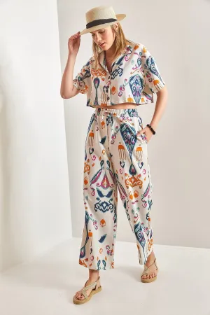 Short Sleeve Ethnic Linen Crop Shirt Pants Suit, Casual Boho Style Linen Outfit Linen Cropped Ensemble, Ethnic Double Team