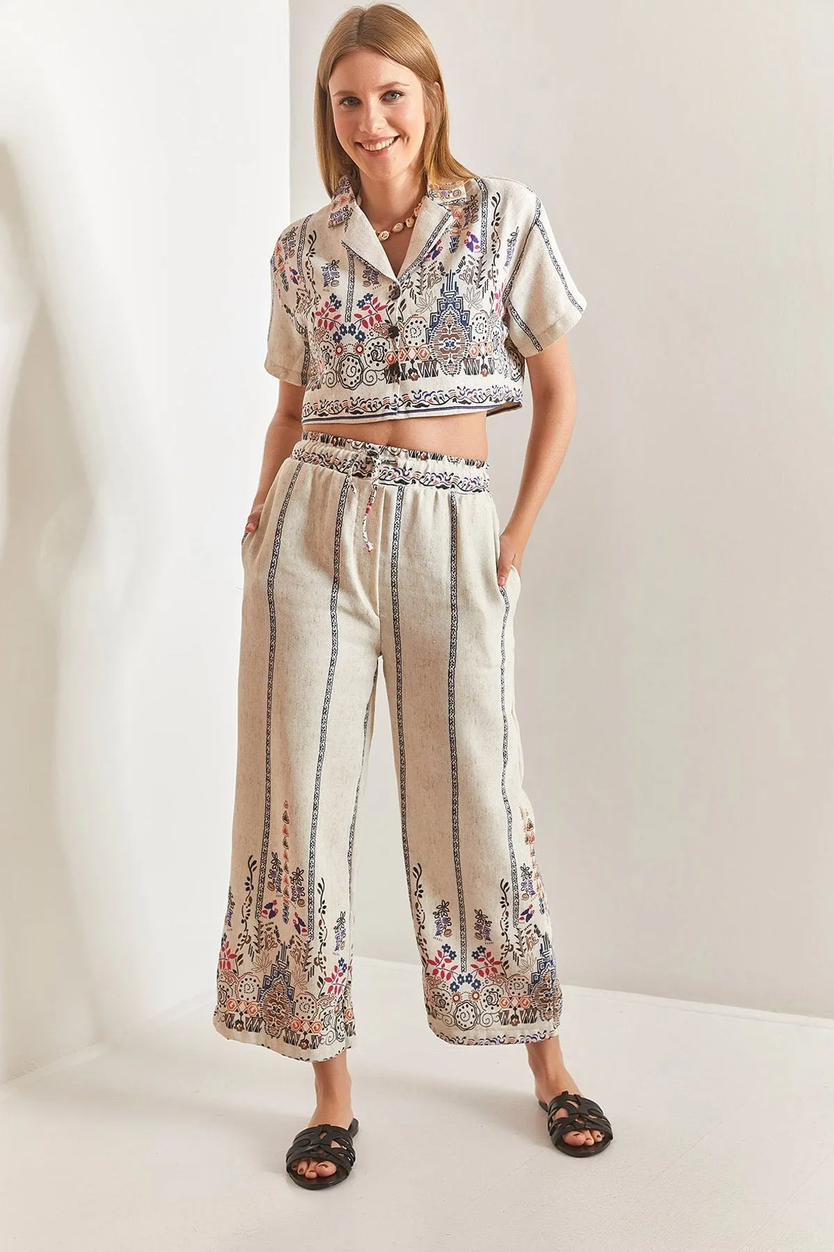 Short Sleeve Ethnic Linen Crop Shirt Pants Suit, Casual Boho Style Linen Outfit Linen Cropped Ensemble, Ethnic Double Team
