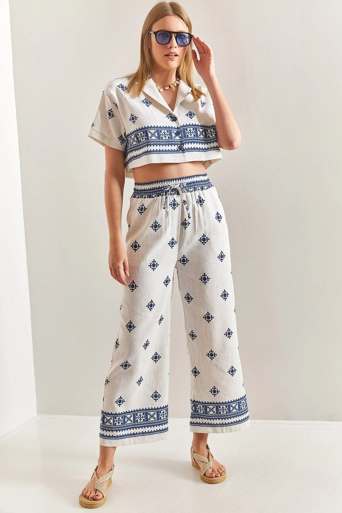 Short Sleeve Ethnic Linen Crop Shirt Pants Suit, Casual Boho Style Linen Outfit Linen Cropped Ensemble, Ethnic Double Team