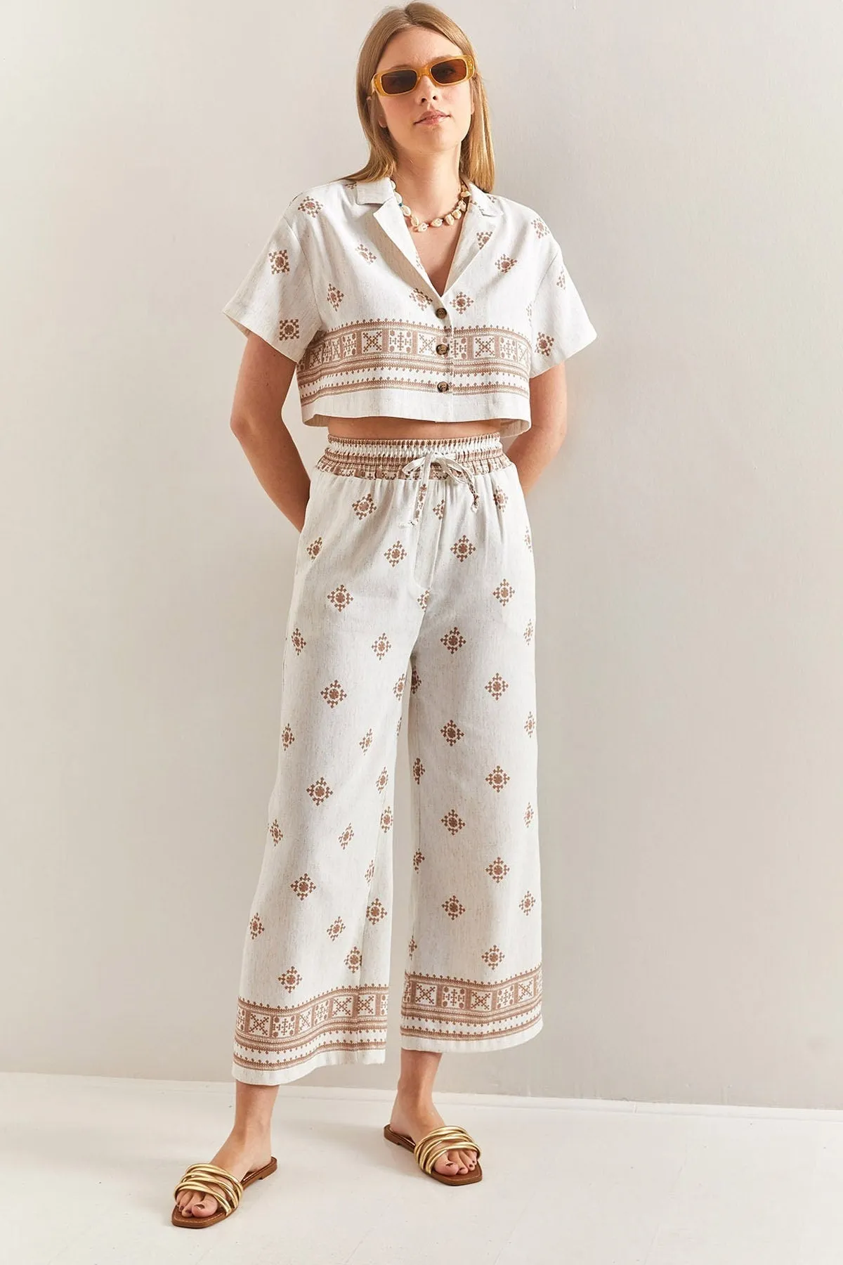 Short Sleeve Ethnic Linen Crop Shirt Pants Suit, Casual Boho Style Linen Outfit Linen Cropped Ensemble, Ethnic Double Team