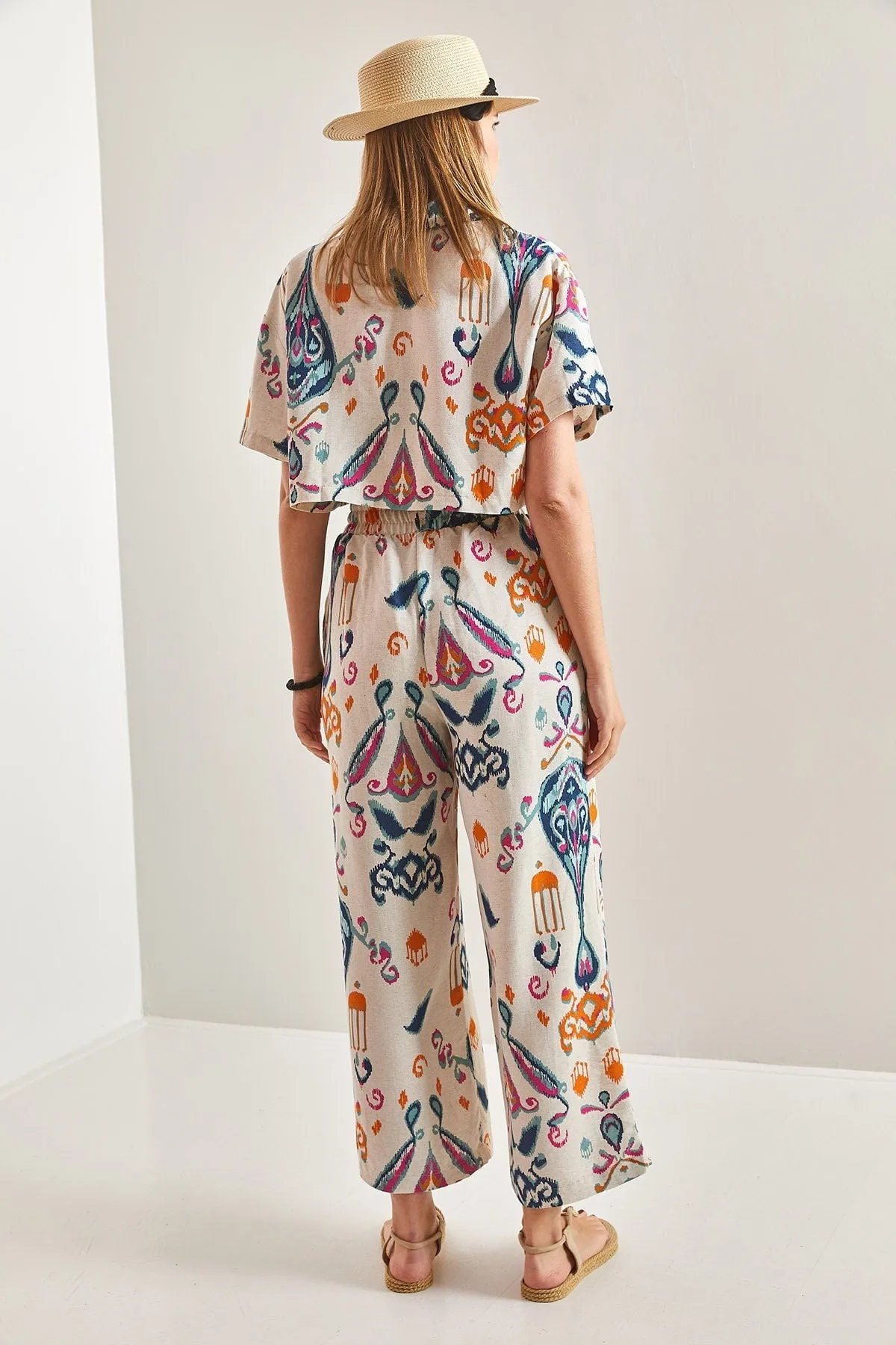 Short Sleeve Ethnic Linen Crop Shirt Pants Suit, Casual Boho Style Linen Outfit Linen Cropped Ensemble, Ethnic Double Team
