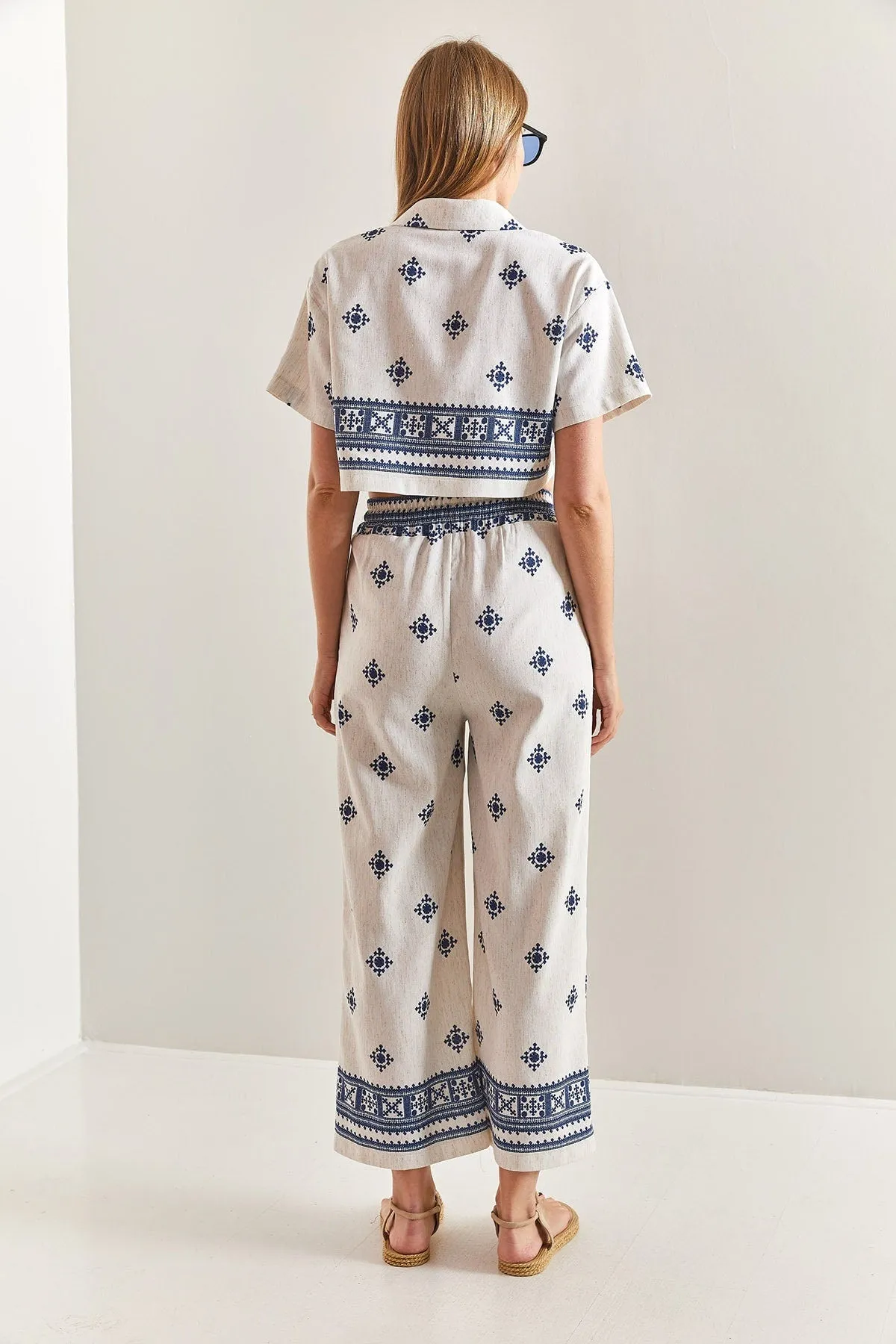 Short Sleeve Ethnic Linen Crop Shirt Pants Suit, Casual Boho Style Linen Outfit Linen Cropped Ensemble, Ethnic Double Team