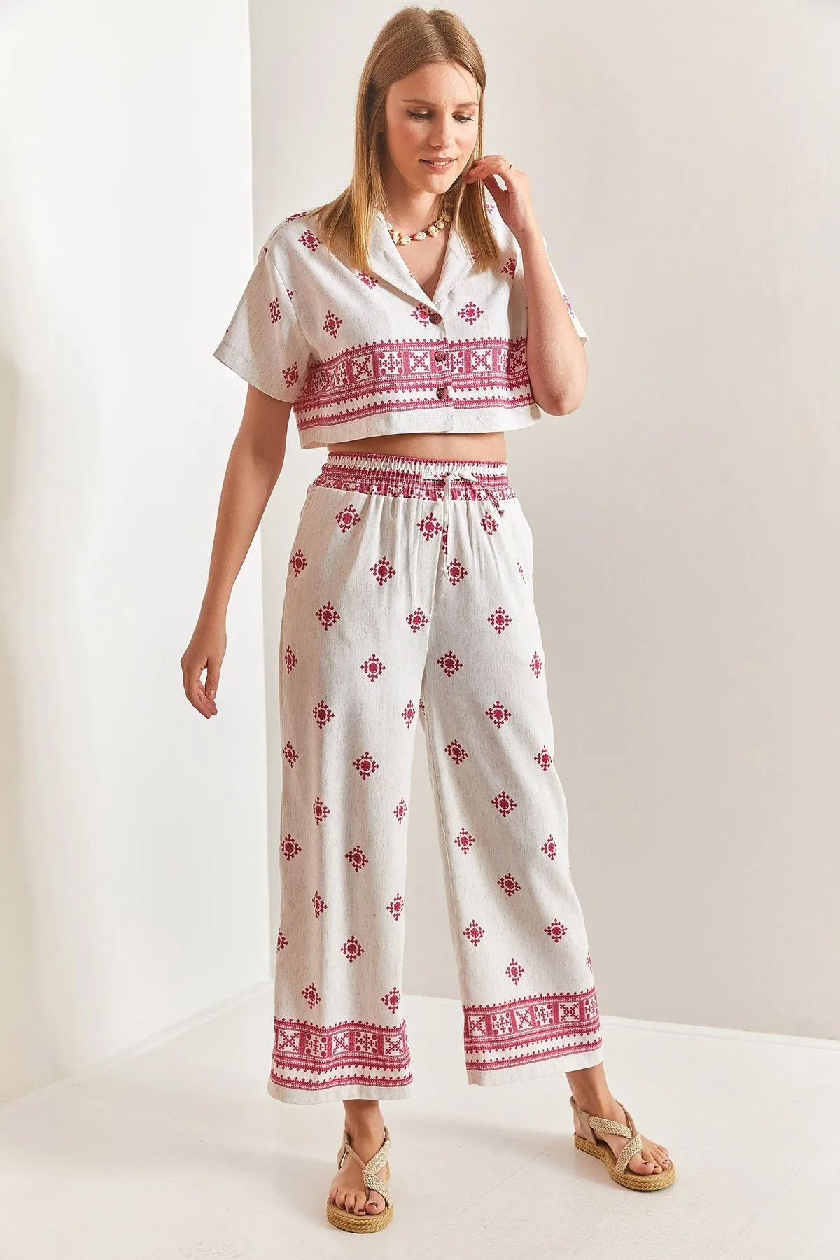 Short Sleeve Ethnic Linen Crop Shirt Pants Suit, Casual Boho Style Linen Outfit Linen Cropped Ensemble, Ethnic Double Team