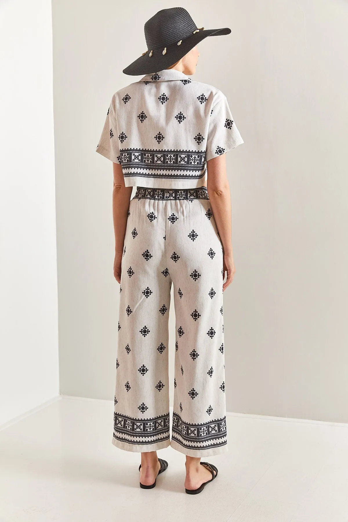 Short Sleeve Ethnic Linen Crop Shirt Pants Suit, Casual Boho Style Linen Outfit Linen Cropped Ensemble, Ethnic Double Team
