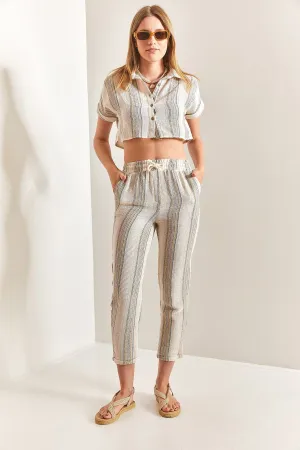 Striped Linen Crop Set, Elegant Stylish Linen Duo, Striped Outfit, Crop Top And Pants, Chic Summer Stripes, Casual Crop Set