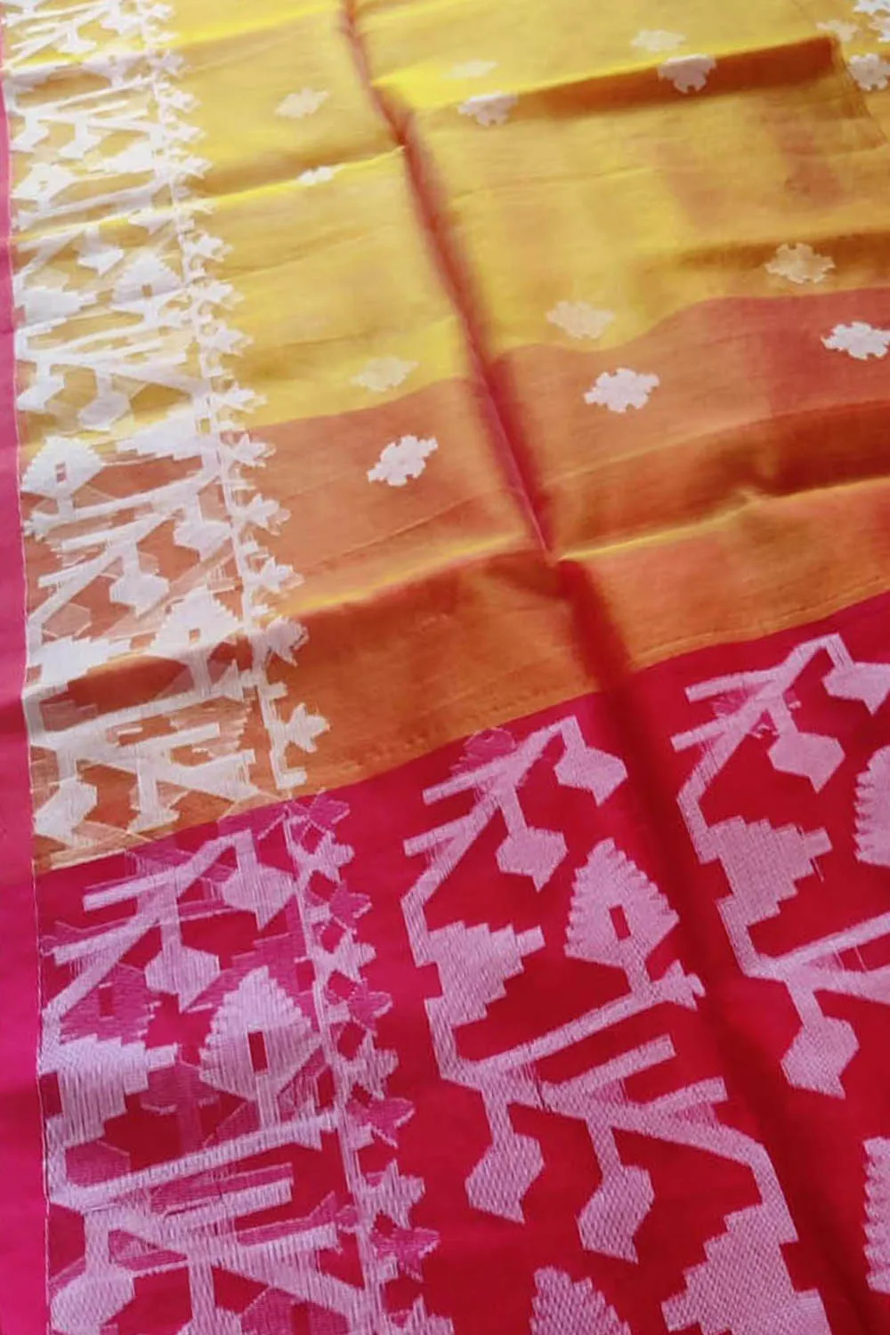 Stunning Yellow and Red Handloom Jamdani Muslin Saree - Perfect for Any Occasion!