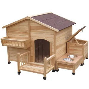 Wooden Outdoor Dog House with Feeding Bowls Storage Box Waterproof Roof