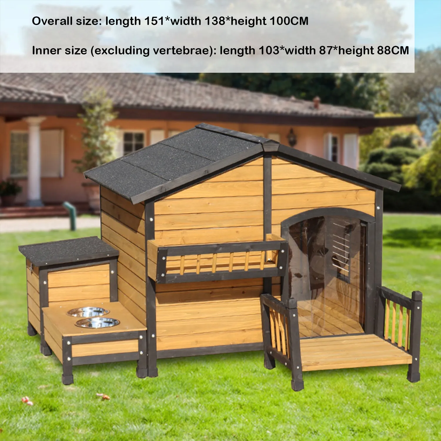Wooden Outdoor Dog House with Feeding Bowls Storage Box Waterproof Roof