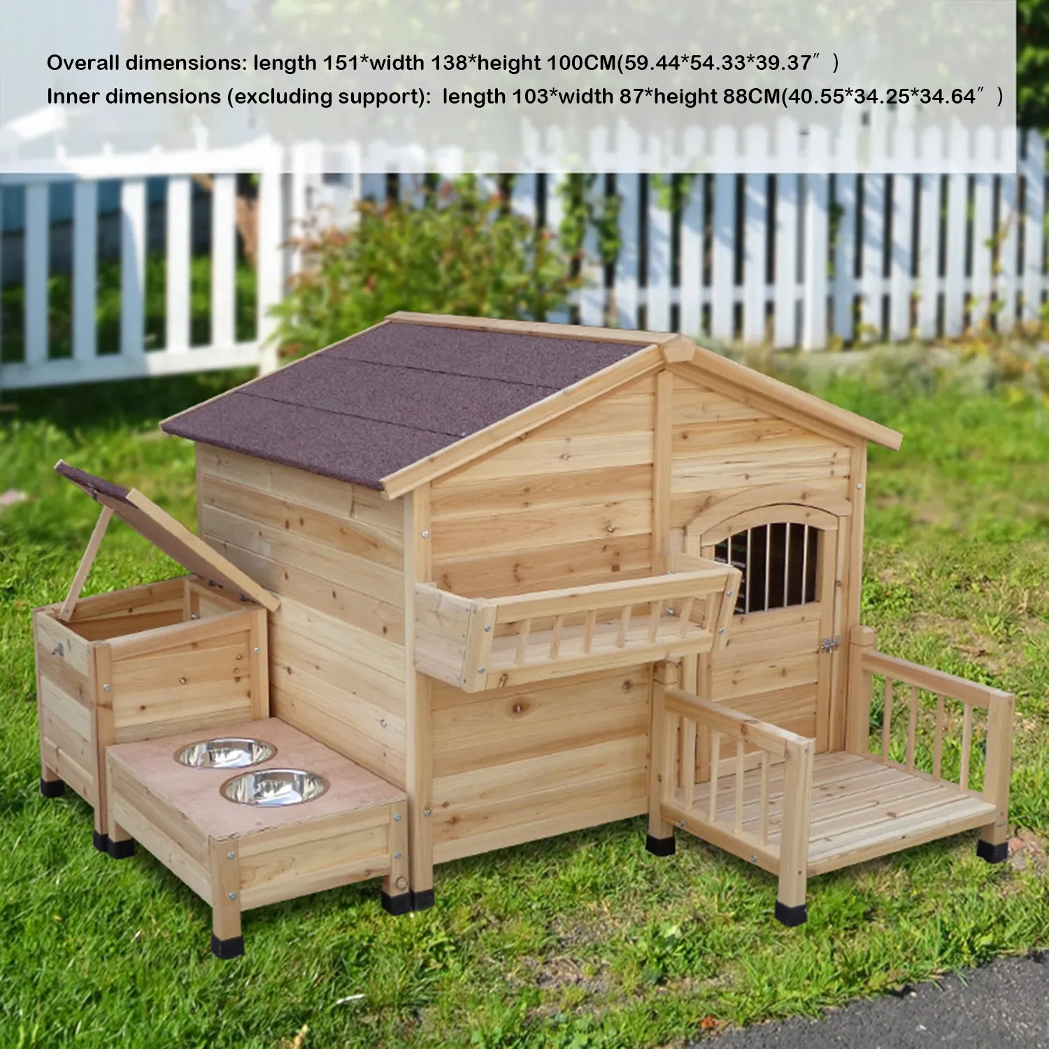Wooden Outdoor Dog House with Feeding Bowls Storage Box Waterproof Roof