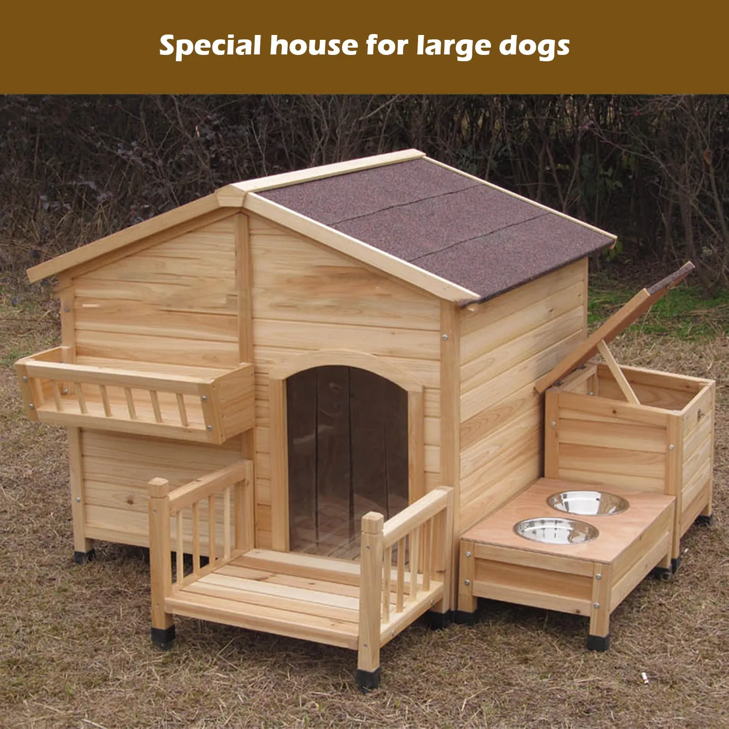 Wooden Outdoor Dog House with Feeding Bowls Storage Box Waterproof Roof