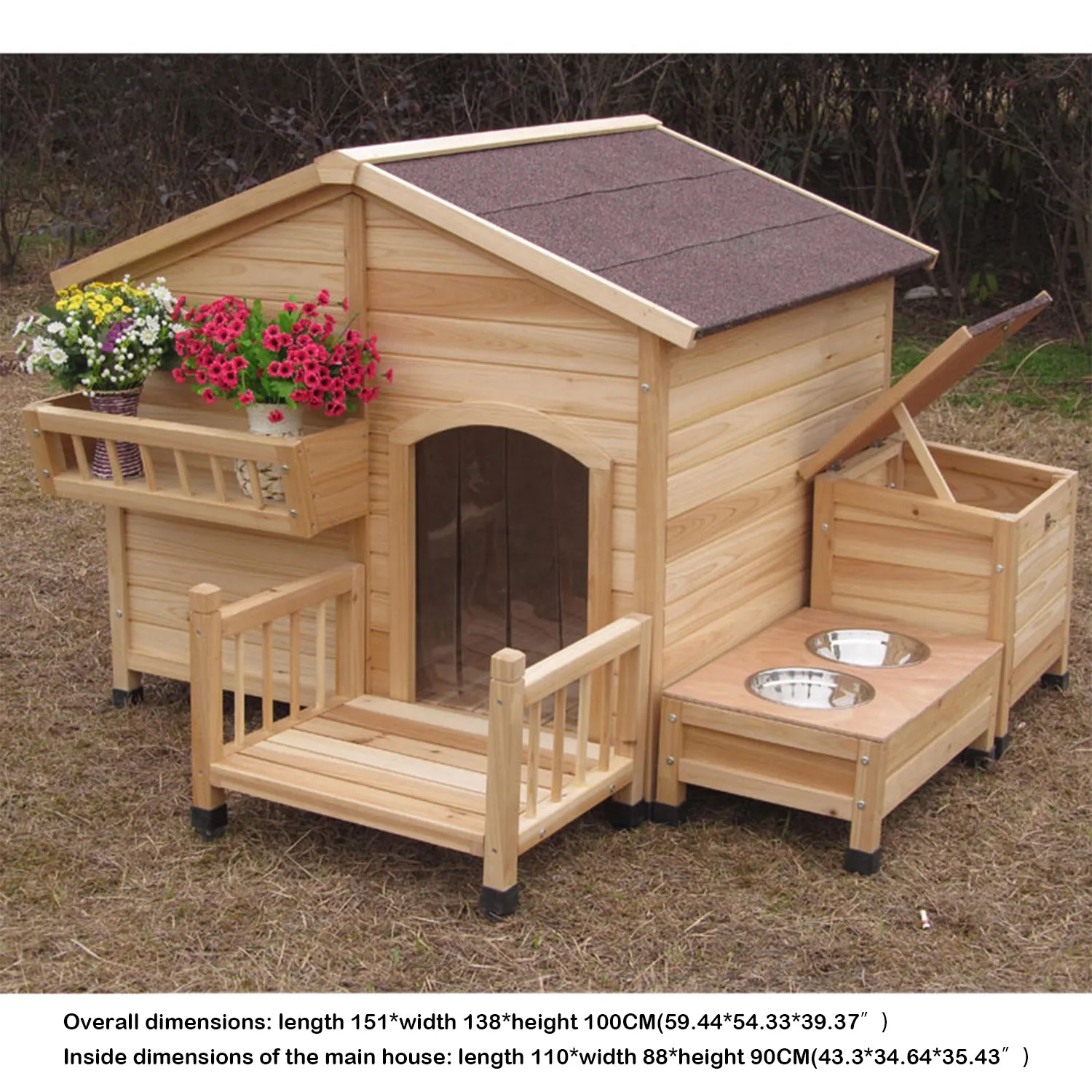 Wooden Outdoor Dog House with Feeding Bowls Storage Box Waterproof Roof