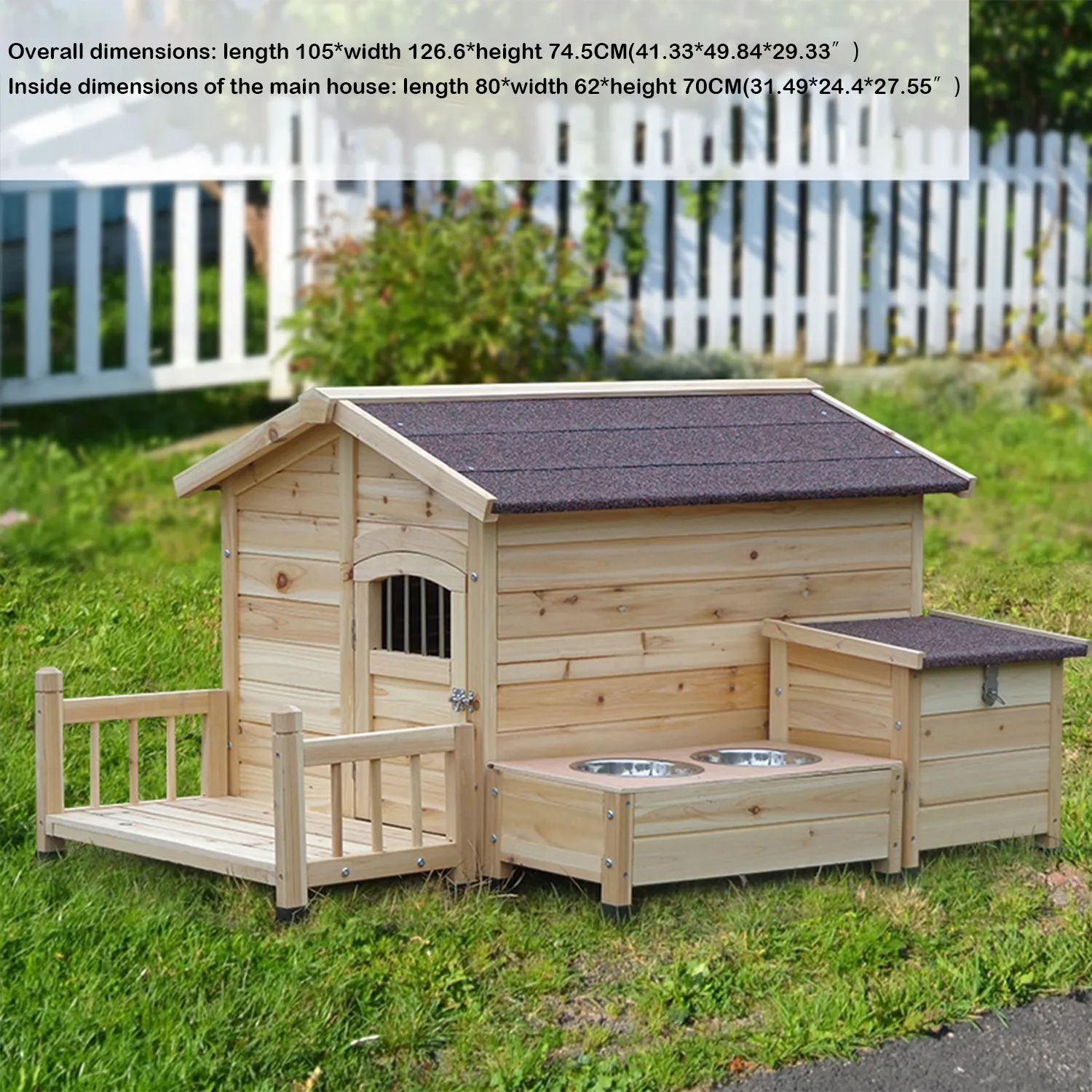 Wooden Outdoor Dog House with Feeding Bowls Storage Box Waterproof Roof