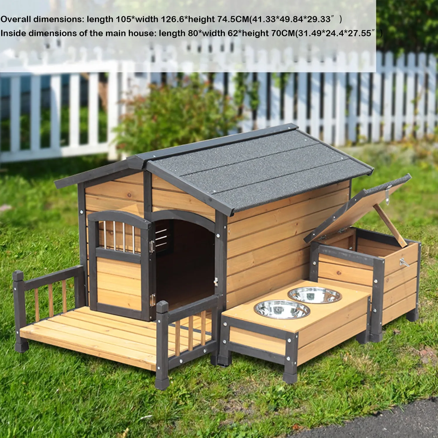 Wooden Outdoor Dog House with Feeding Bowls Storage Box Waterproof Roof