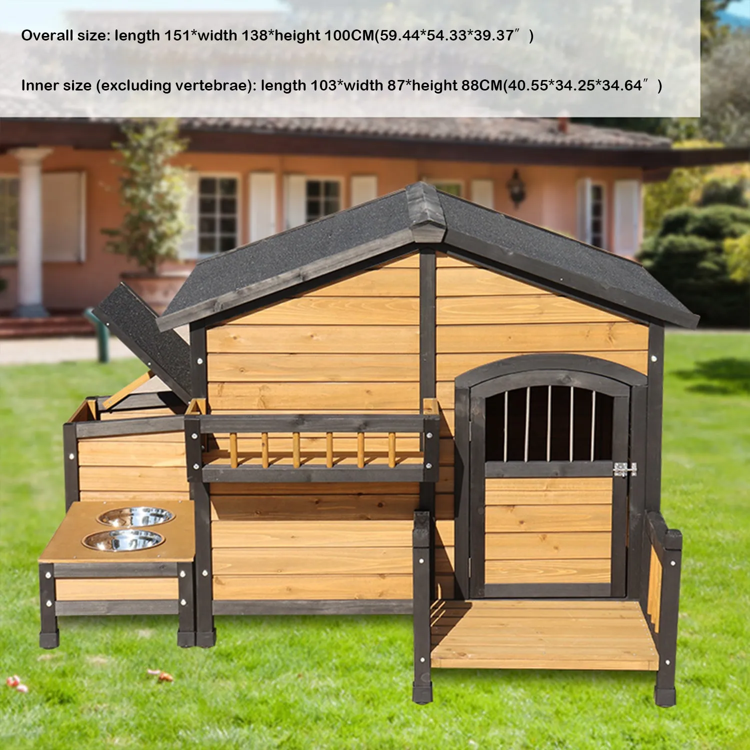 Wooden Outdoor Dog House with Feeding Bowls Storage Box Waterproof Roof
