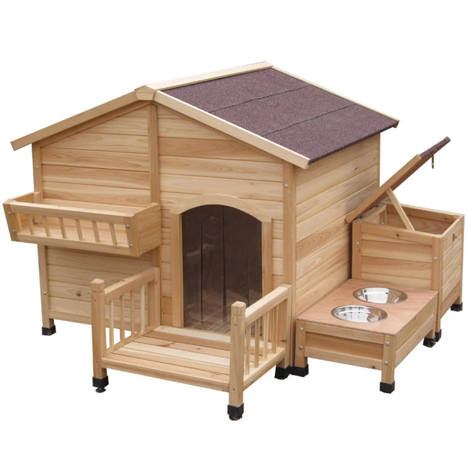 Wooden Outdoor Dog House with Feeding Bowls Storage Box Waterproof Roof
