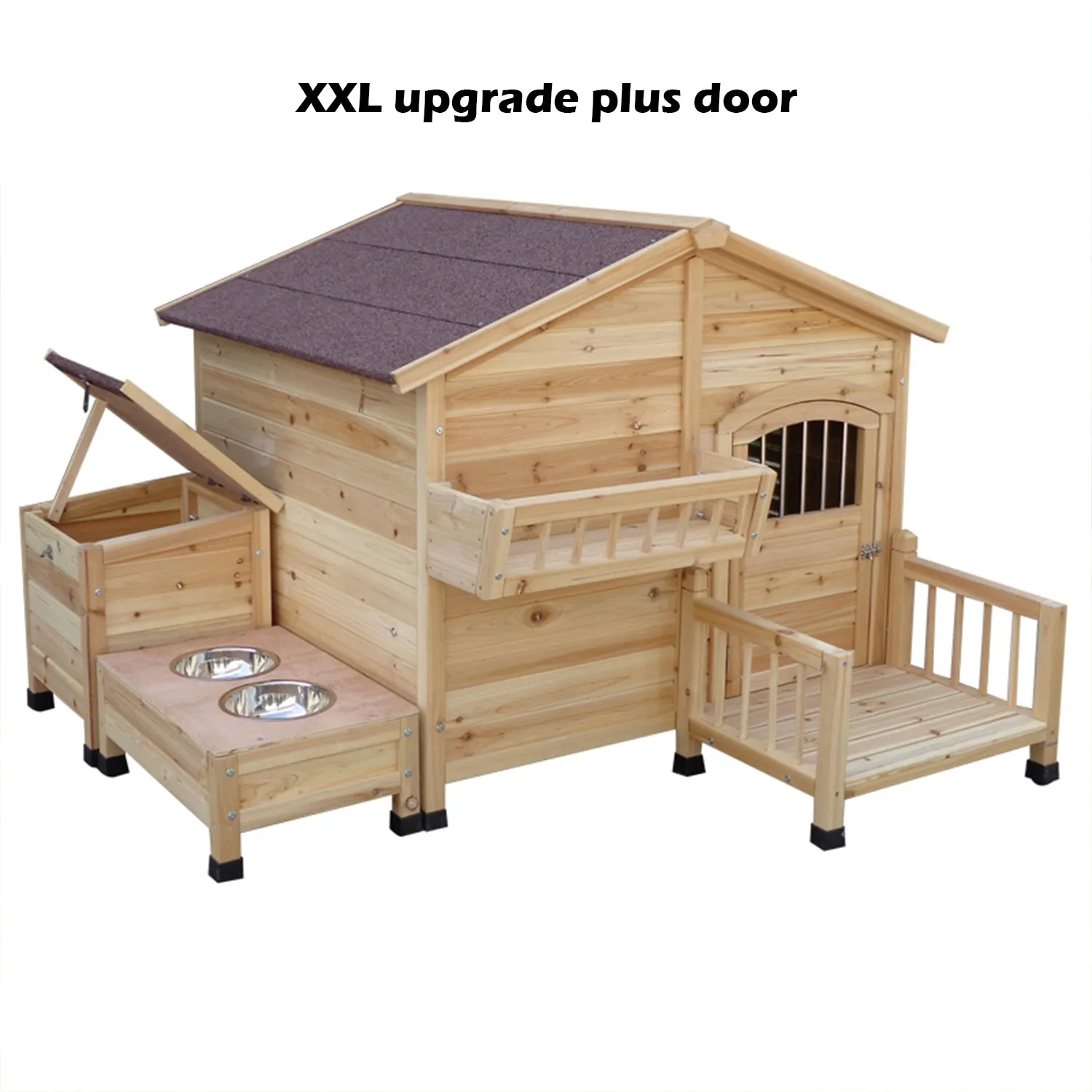 Wooden Outdoor Dog House with Feeding Bowls Storage Box Waterproof Roof