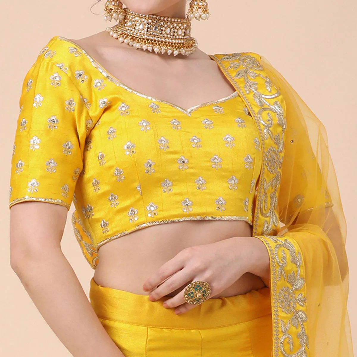 Yellow Party Wear Sequins Embroidered Silk Lehenga Choli