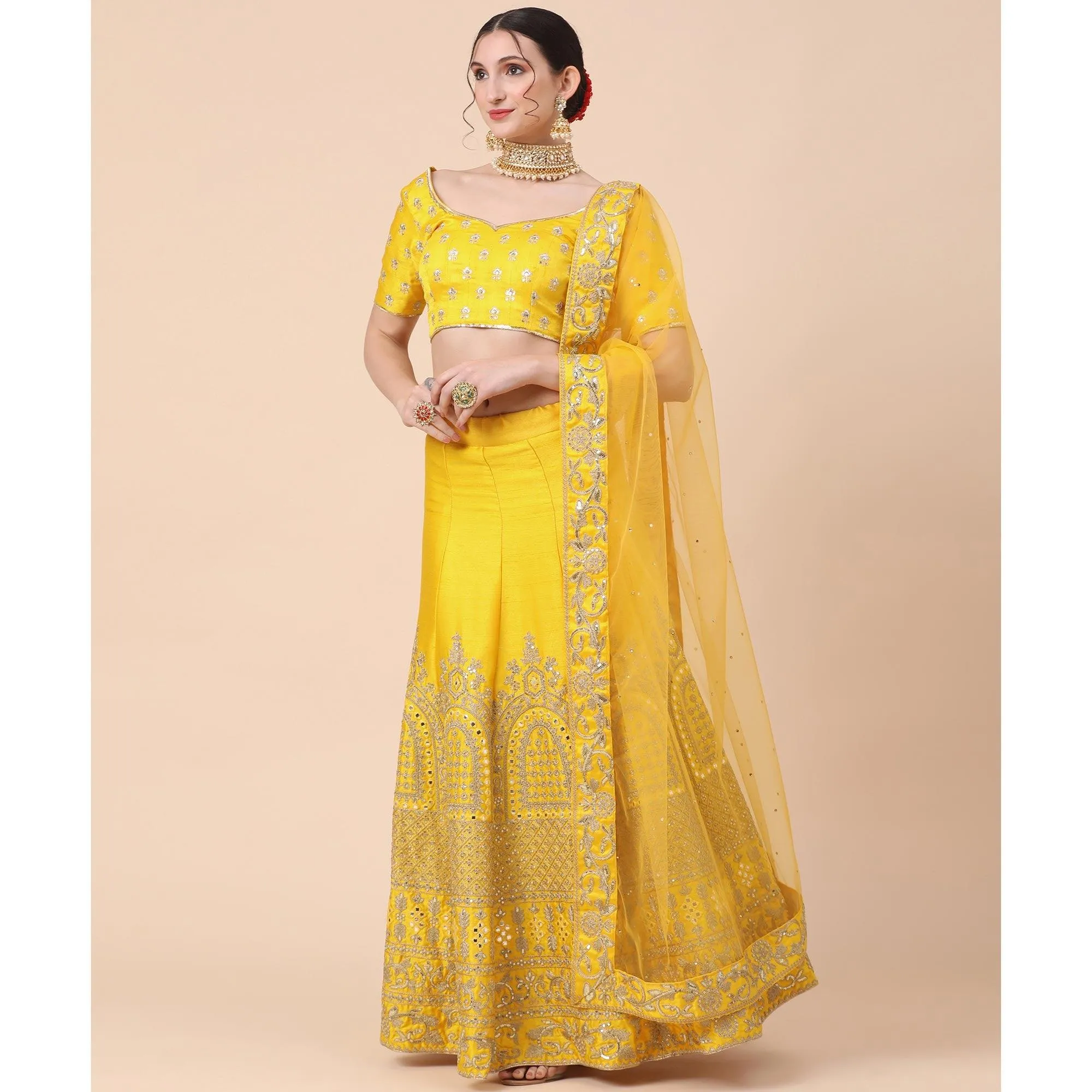 Yellow Party Wear Sequins Embroidered Silk Lehenga Choli