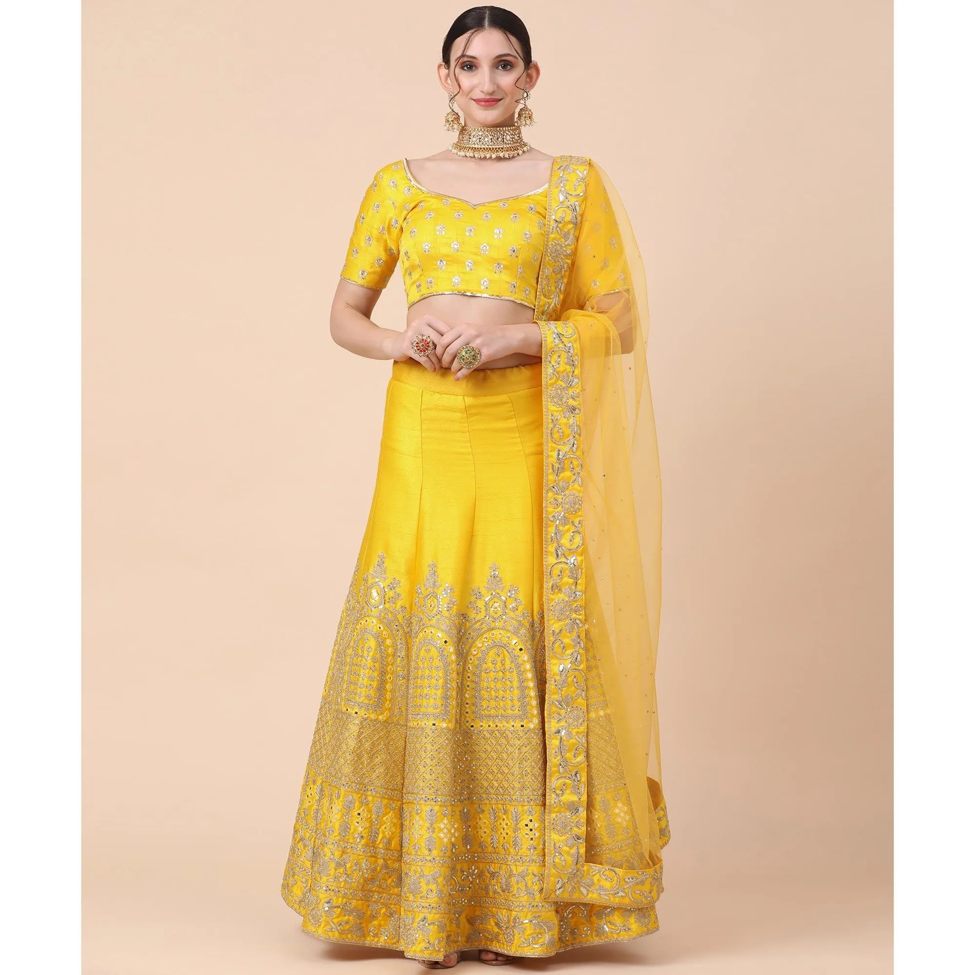 Yellow Party Wear Sequins Embroidered Silk Lehenga Choli